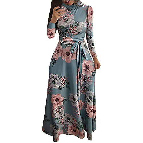 Women s Maxi Dress Fashion Turtleneck Plus Size Long Sleeve Floral Skirts Casual Empire Waist Tie Long Dress Green