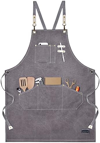 SHAWNTOO Chef Aprons for Men Women with Large Pockets, Cotton Canvas Cross Back Heavy Duty Adjustable Work Apron,Kitchen Cooking M-XXL