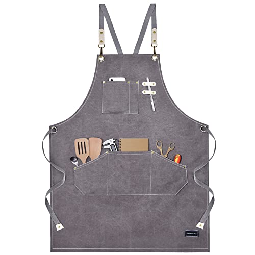 Shawntoo Chef Aprons For Men Women With Large Pockets, Cotton Canvas Cross Back Heavy Duty Adjustable Work Apron,Kitchen Cooking M-Xxl #TOP3
