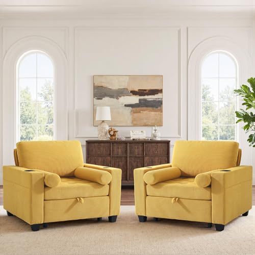 Image of 3-in-1 Sleeper Sofa Chairs Set of 2, Pull Out Sofa Bed Convertible Reclining Seat Upholstered Armchair, Adjustable Backrest Recliner Chair with Side Pockets, Cup Holder & USB Ports - Yellow