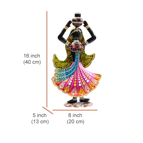Image of KRAFTSKALA Handcrafted Rajasthani Ethnic Village Girl Dolls Figurine - Set of 2 | Vibrant 16 inch Metal Showpiece for Home Decor | Ideal Gift for Housewarming, Weddings, Diwali