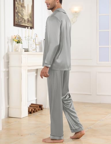Image of Veseacky Mens Silk Satin Pajamas Set Short Sleeve Sleepwear Button-Down Pjs Sets Two-Pieces Loungewear with Pockets S-XXL