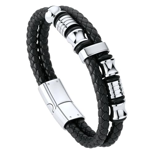 Hengbofeng Mens Bracelet, Black Braided Leather bracelets for men, With Stainless Steel Geometric Accessories Wristband Cuff Bracelet, Perfect bracelets for Gifts for Men