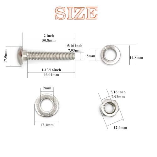 Image of 8 Sets 5 /16 inch-18 x2 Carriage Bolts Round Head Square Neck Screws with Hex Nuts Flat Washers Spring Lock Washers 304 Stainless Steel Full Thread Coverage Square Neck Bolts Assortment Kit
