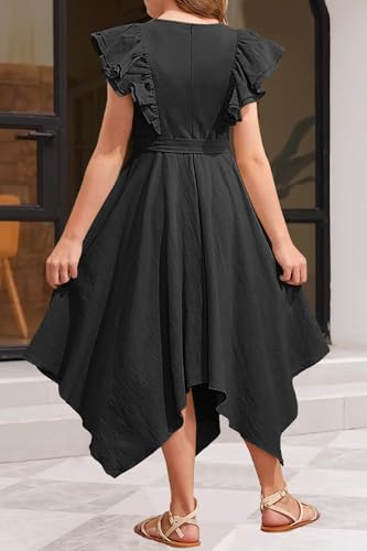 MITILLY Tween Girls Summer Dress Double Layer Ruffle Sleeve High Low Swing Flowy Casual Elegant Dresses with Belt4