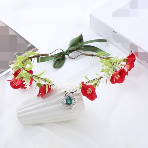 Vivivalue Elf Crown Headpiece Fairy Flower Headband Floral Hair Wreath Woodland Forest Even Circlet for Women Halloween Renaissance Wedding Bridal Cosplay Prom Photo Red
