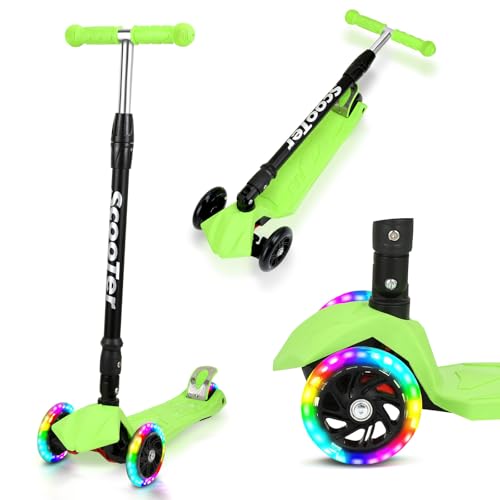 Hebitod Patinete para niños a partir de 3 años con ruedas LED, patinete plegable para niños de 3 a 16 años, altura regulable en 4 posiciones, 66-88 cm, ruedas de poliuretano, dirección de inclinación
