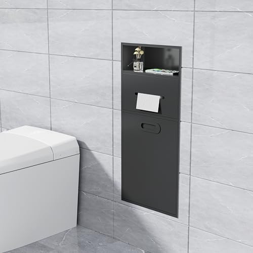 Image of SUPERFLO 6.2 Gallon Bathroom Trash Can Tilt Out Trash Bin Cabinet, Hidden Trash Can Cabinet Recessed Wall Mounted Stainless Steel with Toilet Paper Holder for Bathroom /Bedroom /Office Renovation,Black