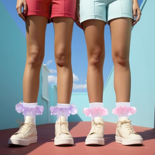 Image of Geyoga 3 Pairs Women Big Ruffle Socks Turn Cuff, Double Lace Ankle Cotton Frilly Socks for Ladies Summer