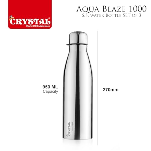 Image of Crystal Aqua Blaze 1000 Stainless Steel Water Bottle 950 ml, Set of 3, Single Walled, ISI Certified I Leak Proof Lid, Rust Proof I For School, Office, Gym I Silver
