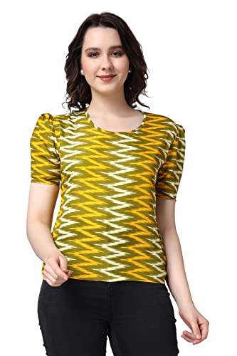 Image of POPWINGS Casual Printed Puff Sleeves Round Neck Top for Women || Stylish Summer Tops for Women || Hip-Length Women Top