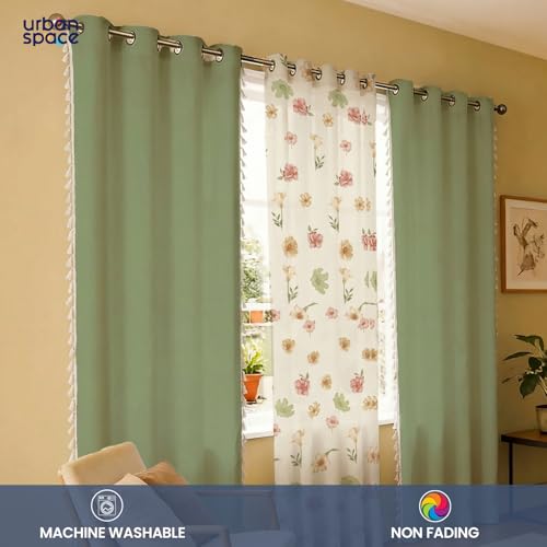Image of Urban Space Printed 100% Cotton Curtain for Window, Cotton & Sheer Combo Set of 3 Curtains 5 Feet Long, Tieback & Eyelets Included with Curtains for Room Darkening (Mehek Sheer & Aura sage Green)