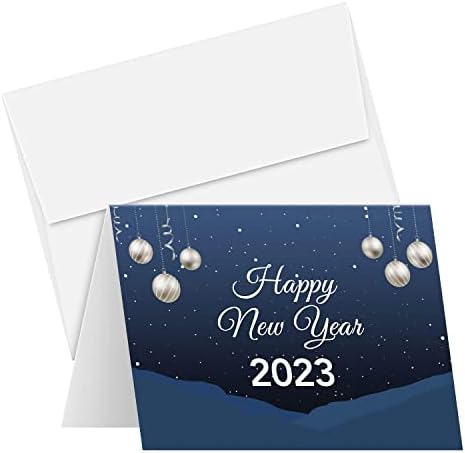2023 Happy New Year – Blue Holiday Greetings Fold Over Cards & Envelopes, for Christmas and New Year's Gifts and Presents | 25 Cards and 25 Envelopes per Pack | 5 x 7" Inches When Folded