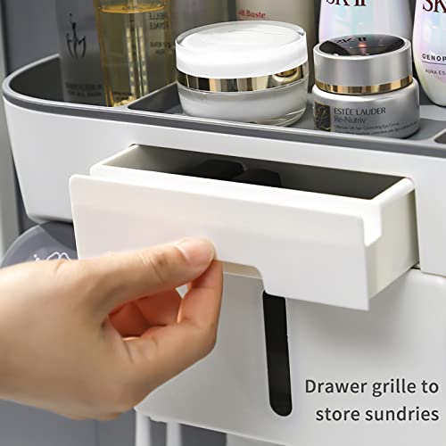 Bathroom Toothbrush Holder Wall Mounted Automatic Toothpaste Dispenser Electric Toothbrush Holder With Toothpaste Squeezer, Drawer Tray, Storage Drawer & 2 Cups + 4 Toothbrush Storage Slots (Grey) #TOP3
