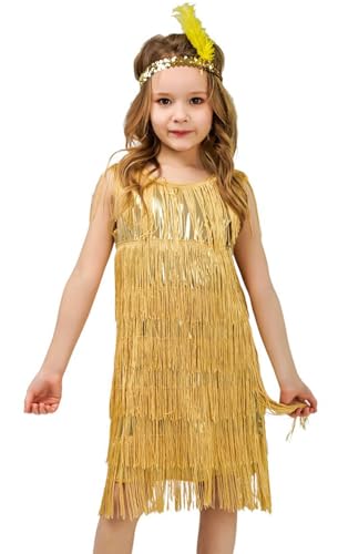 SEAUR Girls Fringe Latin Dance Dress with Sequin Headband Crew Neck Sleeveless Perform Costume Set Vintage Party Outfit