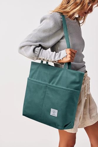 Image of KALIDI Women Corduroy Tote Bag Zipper Casual Tote's Handbag Big Capacity Shoulder Bag with Pockets