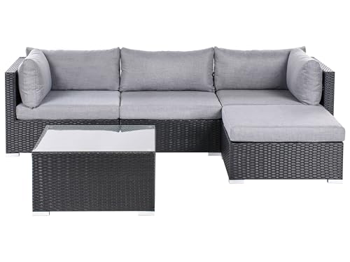 Canapé d'Angle à Gauche de Jardin en Rotin Synthétique avec Table Basse Carré et Coussins Modulable Gris Noir Sano