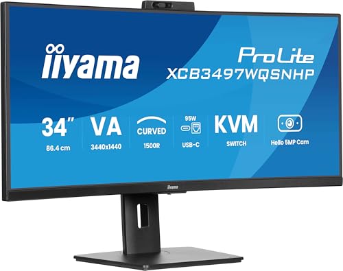iiyama Prolite XCB3497WQSNPH-B1 Curved 1500R 86.7cm 34“ VA LED-Monitor UWQHD HDMI DP-in/Out DaisyChain USB3.2 USB-C Dock 95W RJ45 (LAN) KVM Höhenverstellung Adaptive Sync Windows Hello Webcam schwarz