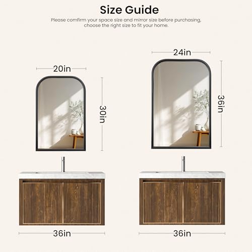 Image of Arch Wall Mirror for Wall Mounted, Tempered Glass, Wood Grain Finish Frame Wall Mirror Decorative for Bedroom Living Room Vanity Mirror (Black, 30 inch L x 20 inch W)