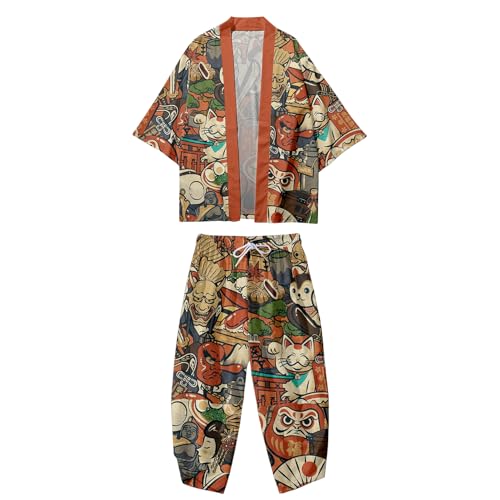 Image of DOSLAVIDA Men's Japanese Kimono Cardigan Suit Chinese Style Printed Jacket Pants Set Open Front Seven Sleeve Top & Shorts