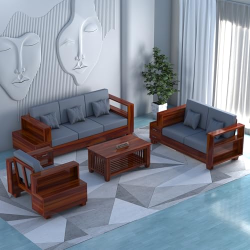 Image of Sheesham Wooden 6 Seater Sofa for Living Room | Solid Wood Sofa with Side Box Storage & Cushion | Rosewood Sofa Set for Home & Office | Lounge (Honey, 6 Seater)