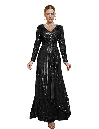 Image of Long Sleeve Sequin Dress For Women Formal Gowns Sparkly V Neck Maxi Dress