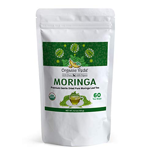 Organic Veda Moringa Tea Bags – 100% Pure Organically Grown Original Green Leaves Moringa Powder Rich in Vitamins, Amino Acids, Antioxidants – Vegan, Fair Trade, Non-GMO, Caffiene Free – 60 Tea Bags