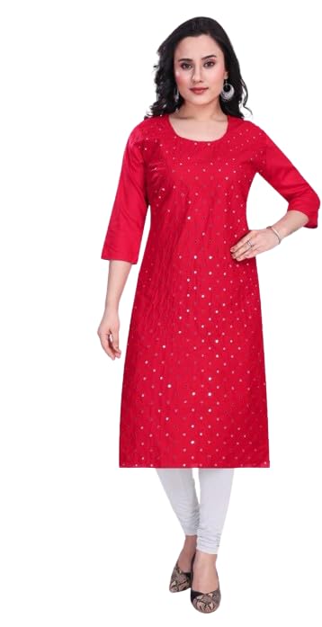 Womens Mirror Work Cotton | Straight Kurti with Sequence Work, 3/4th Sleeves, DUA-KRTA-Red-3XL-image-39