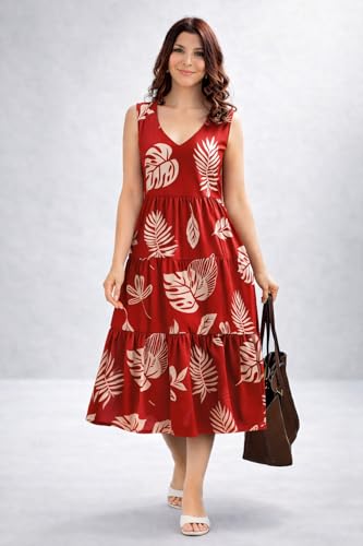 Image of Women Printed Midi Dress V-Neck Short Sleevless Maroon Pattern A-Line Dress
