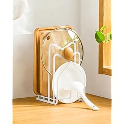 LINFIDITE Cutting Board Rack Chopping Board Organizer Stand Holder Kitchen Countertop Pots Pan Lids Rack Organizer Flat Steel 4.92Lx5.71Wx8.46H in. White