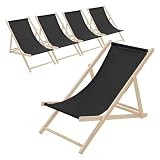 ECD Germany Set di 5 Sedie a Sdraio Nero in Legno fino a 120 kg Schienale Regolabile 3 Posizioni Lettino Prendisole da Esterno per Spiaggia Sdraiette Sedia Pieghevole Giardino Piscina