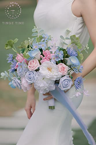Tinge Time 11 Inch Artificial Bridal Bouquet, Wedding Bride Bridesmaid Tossing Bouquets Flower For Wedding Anniversary Bridal Shower And Home Party Decoration (Powder Blue) #TOP4