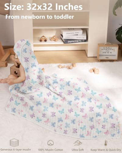 Image of Baby Bath Towels, 100% Muslin Cotton Hooded Baby Towels for Newborn, 2 Pack Baby Towels with Hood for Infant Toddler and Kids, Large 32x32Inch Bath Essentials, Soft and Absorbent
