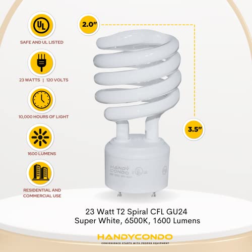 Handycondo-23 Watt Cfl Gu24 Light Bulb With Two Prongs - T2 Mini Spiral Light Bulbs 6500K - 120V 60Hz Super White Light Light 1600Lu - Twist Lock Compact Fluorescent Light Bulbs -4 Pack Ul #TOP1