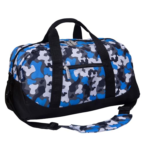 Image of Wildkin Kids Overnighter Duffel Bag - Carry-On Travel Bag for School & Sleepovers, Lightweight, Durable, Boys & Girls Ages 4-15 - Blue Camo
