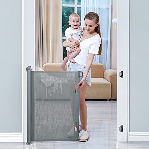 Retractable Baby Gates, BabyBond Baby Gate for Stairs Extra Wide 55” X 33” Tall for Kids or Pets Indoor and Outdoor Dog Gates for Doorways, Stairs, Hallways (Grey)