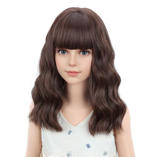 Image of PATTNIUM Kids Short Brown Wig Girls Mixed Brown Short Curly Wavy Wig Chocolate Brown Synthetic Children Wigs Cosplay Costume Party with Wigs Cap