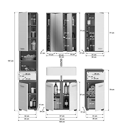 xonox.home - Badkombination inkl. Beleuchtung Blake 6-TLG. Set 164x191x34 cm in Rauchsilber und weiß Hochglanz - Badmöbel Badset Badezimmerkombination - Zeitloses Design
