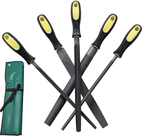 YCAMMIN 10 Inch Premium Grade High Carbon Hardened Steel File Set/Comfortable Rubber Hand Grip Handles/Best for Shaping Wood/Leather/Metal & Sharpening Tools(5 Pcs)(Steel File, 10''Steel File)