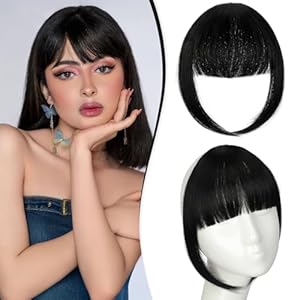Bangs Hair Clip in Bangs, Fake Bangs Hair Clip Dark Black French Bangs Hair Clip on Bangs For Women Clip Faux Bangs Fringe With Temples Hairpieces Curved Bangs For Daily Wear