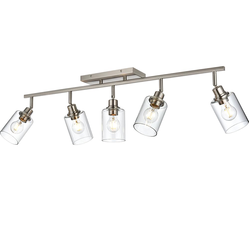 Modern Track Lighting Fixture Ceiling,5 Light Bathroom Vanity Light Brushed Nickel Track Lighting Kit Ceiling Lighting with Flexibly Rotatable Light Head for Kitchen,Clear Glass Shade