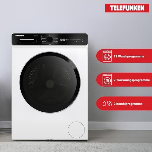 Telefunken Waschtrockner, 9 kg Waschen / 6 kg Trocknen, Waschmaschine mit Trockner integriert, 1400 U/Min, Frontlader Waschtrockner Kombi, Inverter Motor, AquaStop, Energiesparend, Weiß, WT96ADW