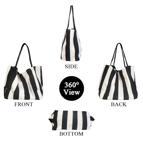 Image of Striped Canvas Tote Handbag for Women Vertical Stripe Large Capacity Shoulder Bag for Shopping Travel