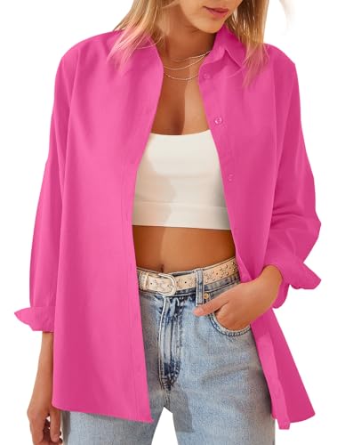 Image of MINTLIMIT Womens Blouses Casual Long Sleeve Button Down Shirt Oversized Cotton Work Office Blouses Top 2024, Rose