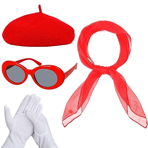 Kavoc Women French Paris Themed 50s Costume Accessories French Artist Mime Kit with Red Beret Scarf for Halloween Fancy Dress Costume Accessories Set (Red)