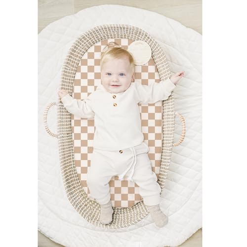Image of Konssy 2 Pack Muslin Bassinet Sheets for Baby Boy, 100% Cotton Soft Breathable Bassinet Mattress Sheets Fit for Hourglass Oval Cradle Rectangle Mattress (Coffee Check,Moon)