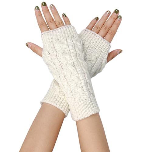 UTTPLL Fingerless-Crochet-Thumbhole-Warmers-Mittens Women Winter Warm Arm Warmers Cable Knitted Gloves Accessories for Typing Driving Cosplay White