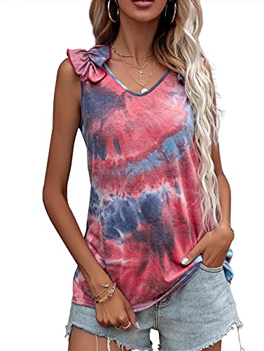 EUOVMY Womens Casual Sleeveless Ruffle Tank Tops Summer Tie Dye Printed T Shirts Blouses Tie Dye Orange Small