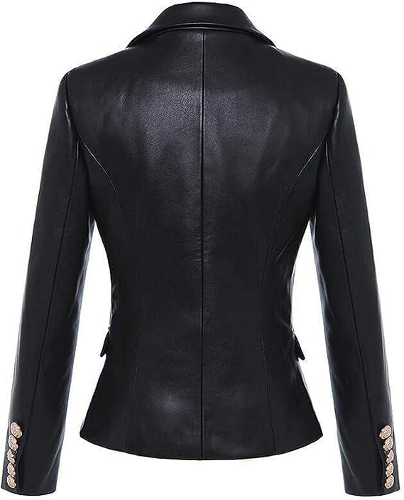 Kim Kardashian Black Double Breasted Real Leather Jacket Blazer for Womens2
