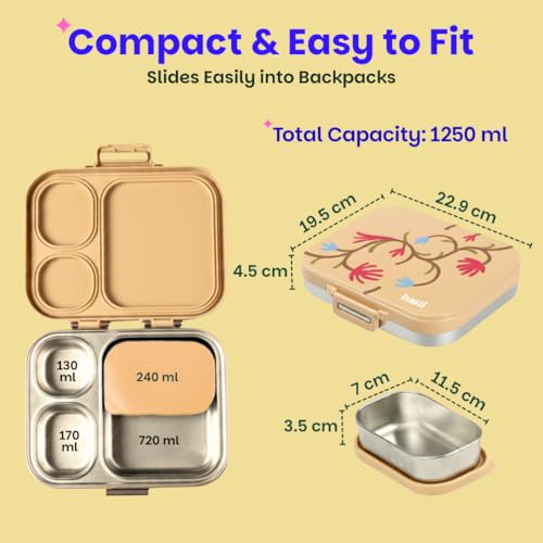 Image of Basil Bento Box Quad Plus -3+1 Compartment Stainless Steel Lunch Box (1020ml) with BPA-Free Lid | Leak-Proof Tiffin for Kids & Adults | Premium Lunch Box for School, Office & Picnic -Himachali Guldaan